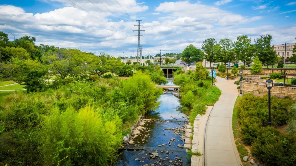 View of the Little Sugar Creek and the greenway following the creek's edge.